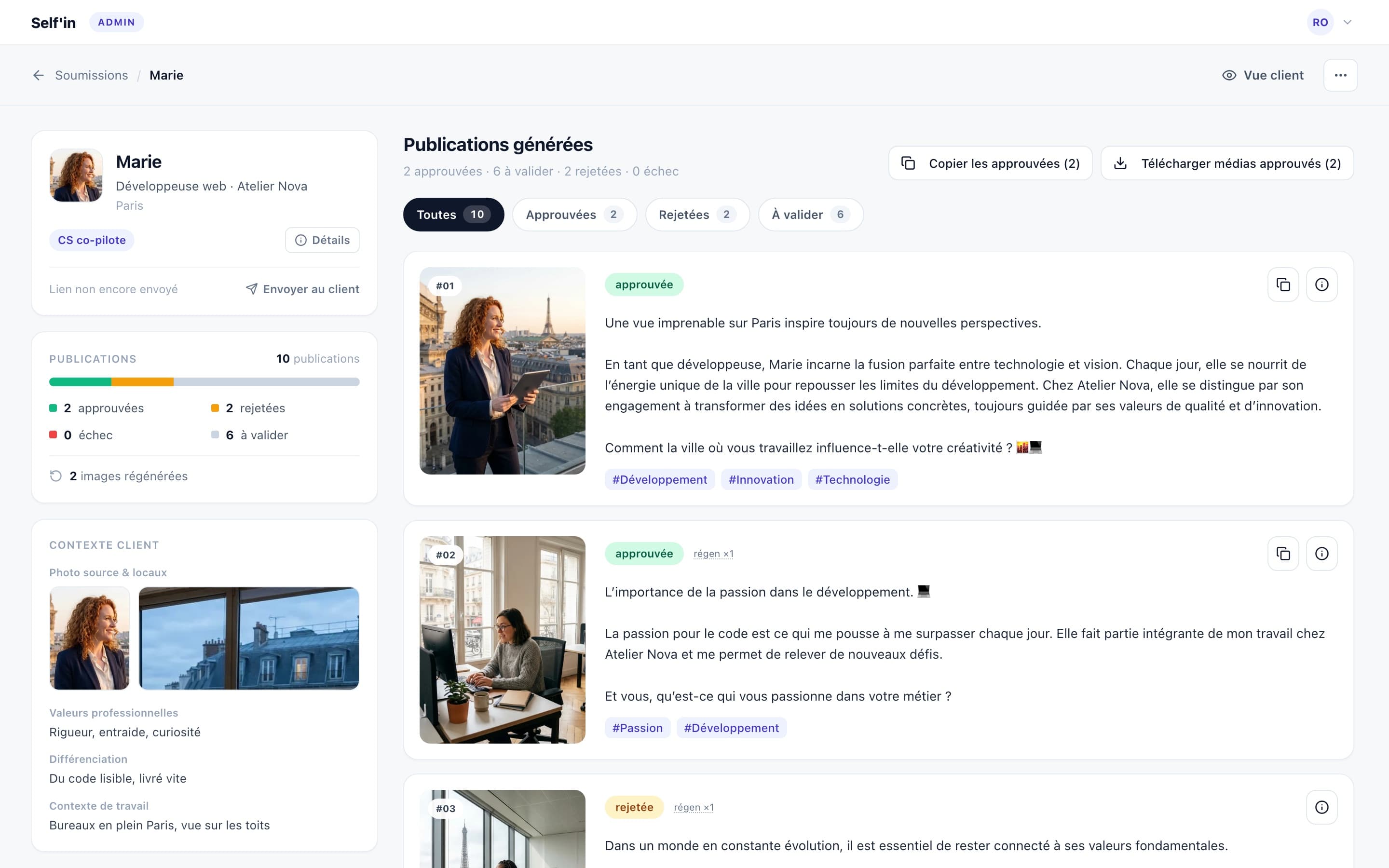 Self'in, the team back office, interactive prototype