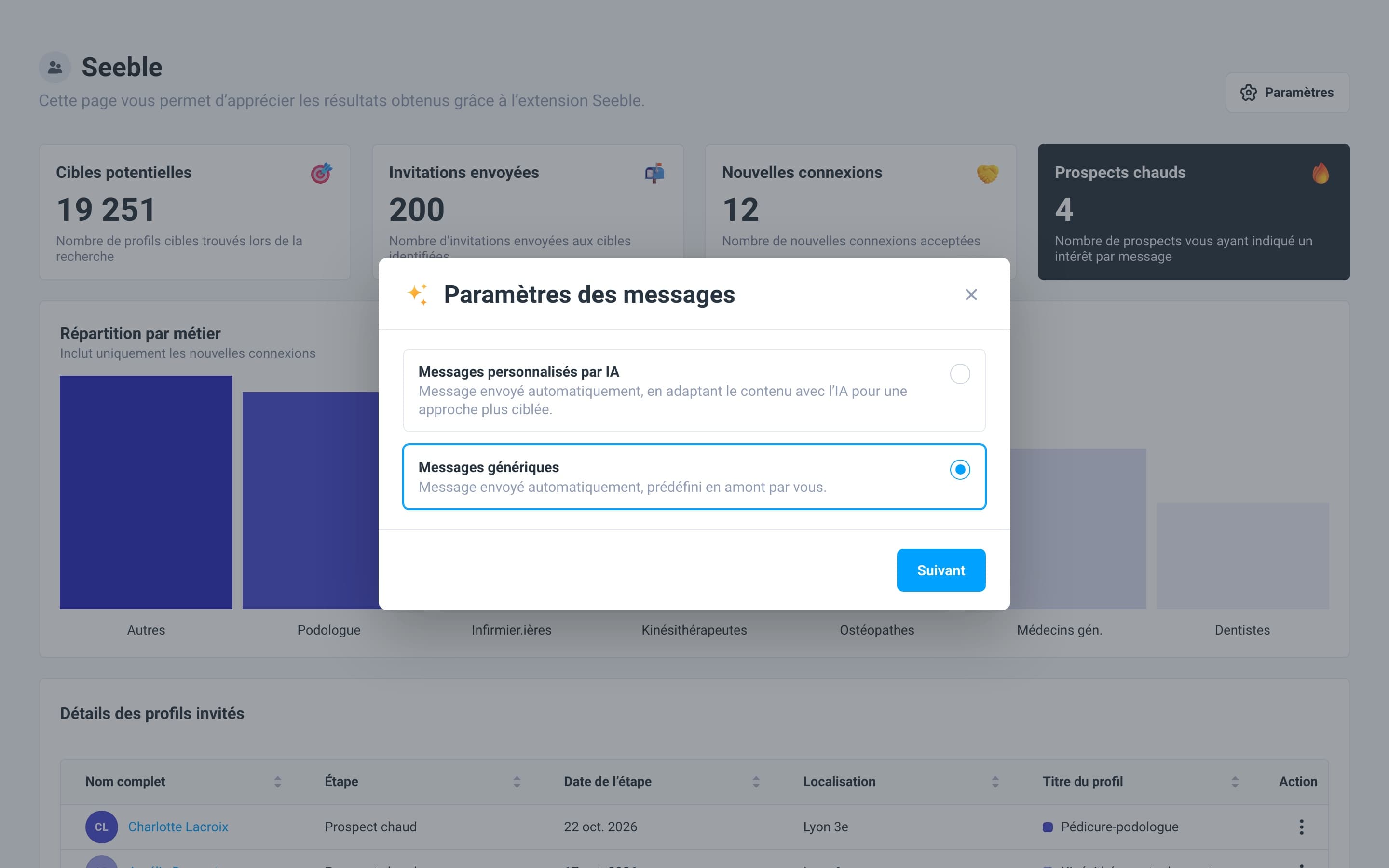 Les réglages des messages Seeble, prototype interactif