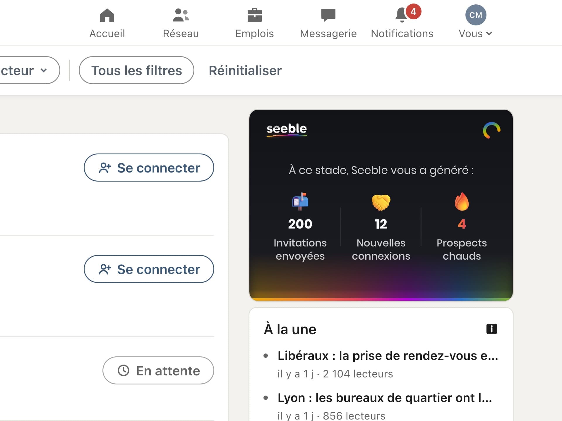 Seeble à droite d’une page de recherche LinkedIn, au-dessus des actualités